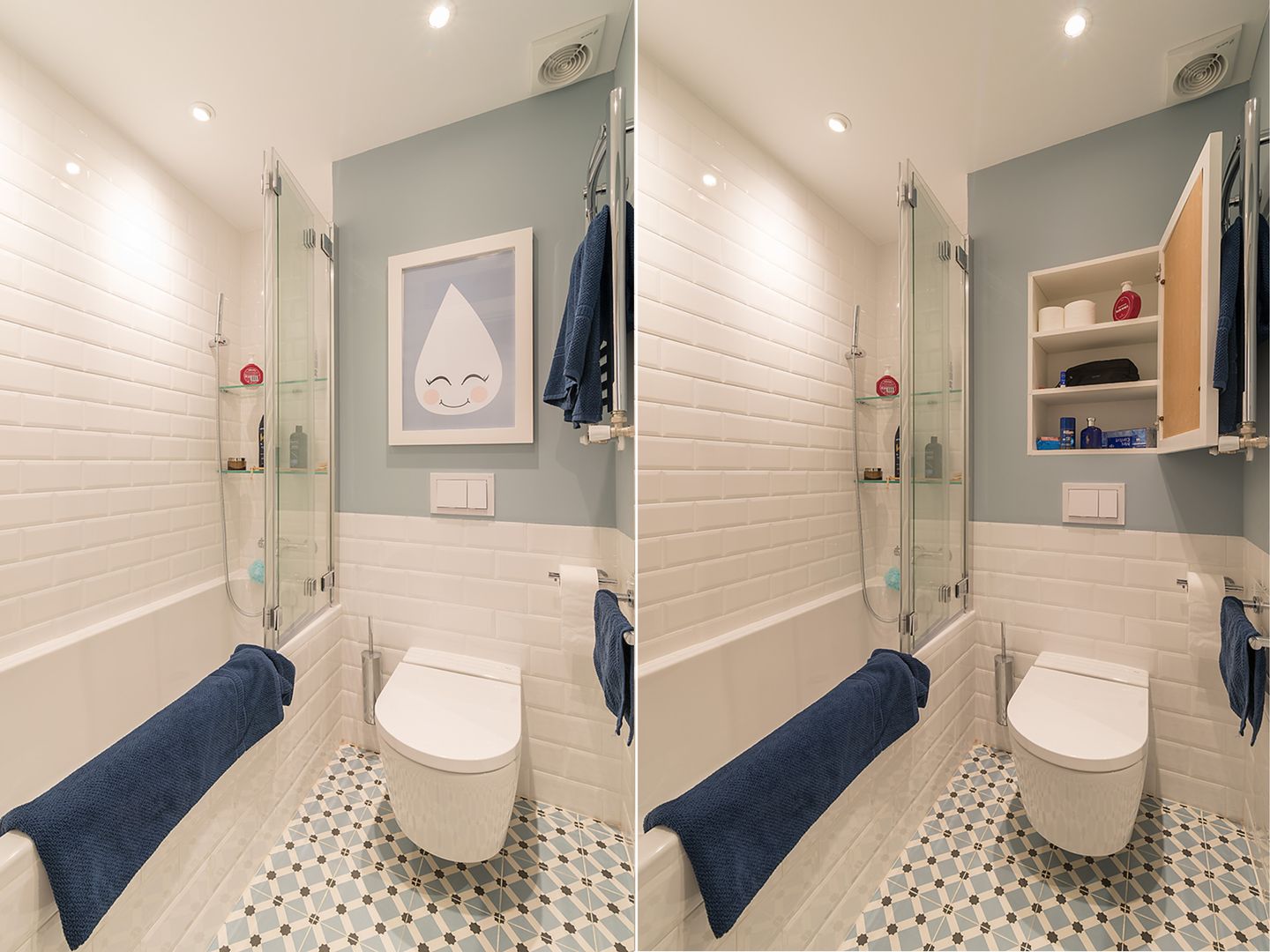 homify Baños de estilo clásico baño infantil,cuarto de baño,radiador toallero,griferia de baño,mampara bañera,azul,blanco,baldosa,azulejo,baldosa hidraulica