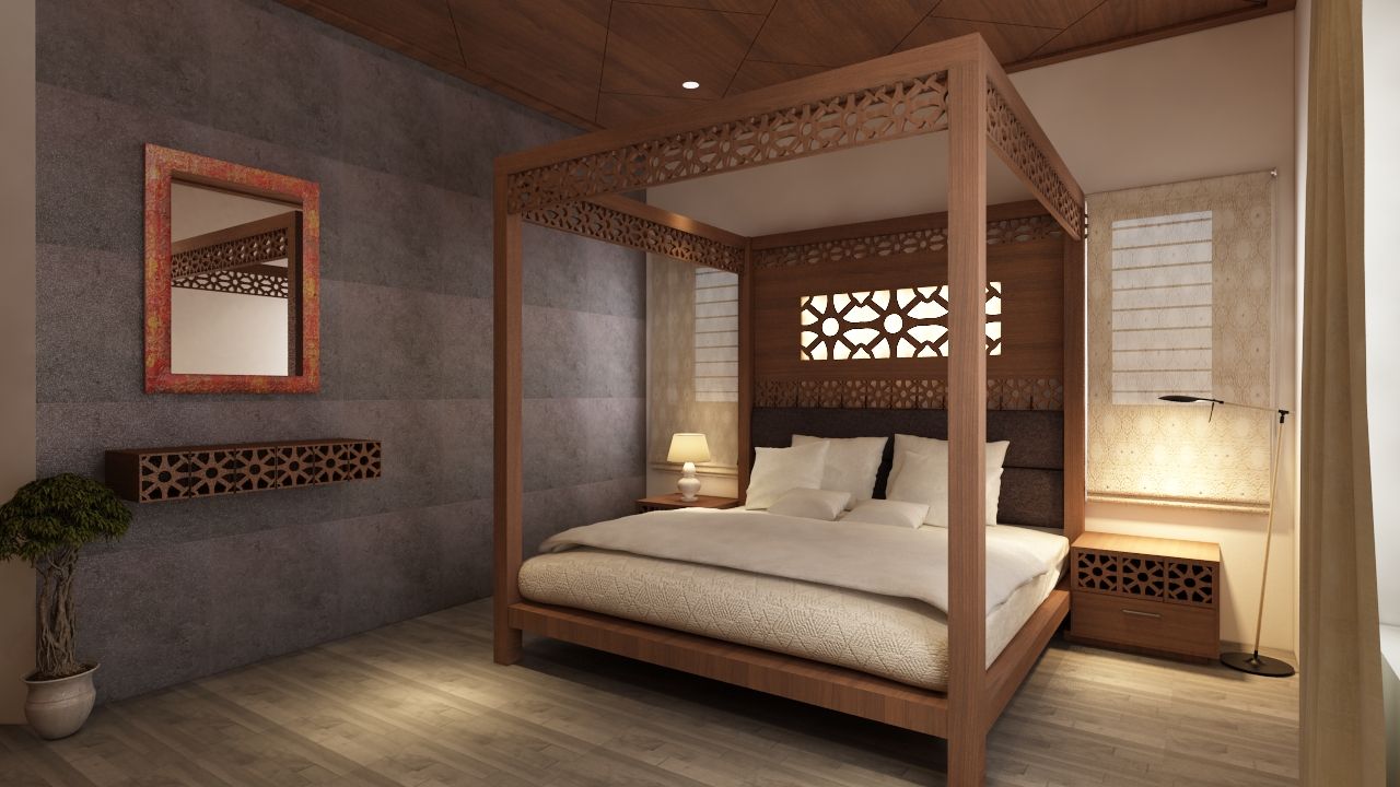 The Circular Courtyard House, S Squared Architects Pvt Ltd. S Squared Architects Pvt Ltd. Tropical style bedroom Engineered Wood Transparent