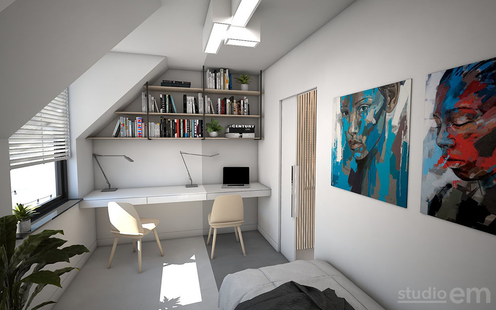 Interieurontwerp 3D impressie werkkamer Studio-em Minimalistische studeerkamer werkkamer