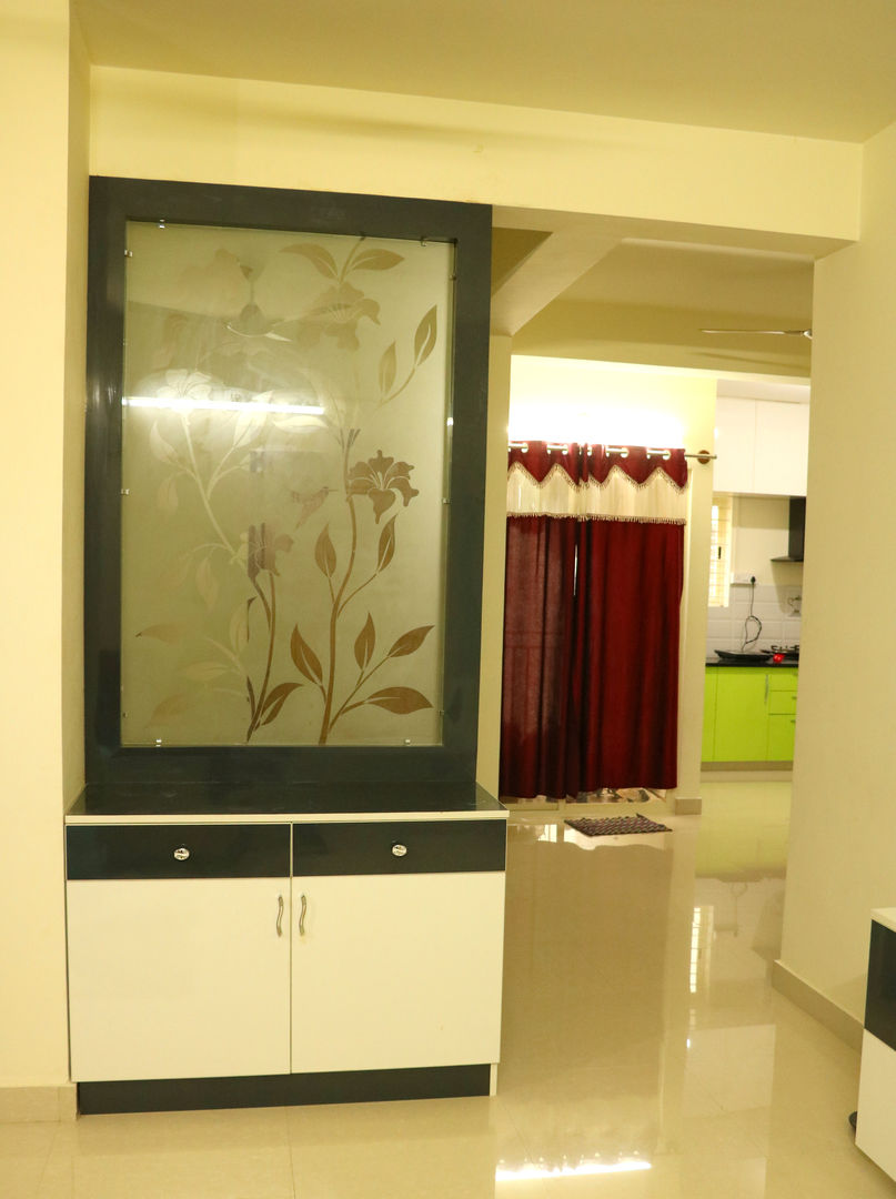 2BHK @ Poornima Elite, FOGLINE INTERIORS FOGLINE INTERIORS ミニマルデザインの リビング 合板（ベニヤ板） 収納