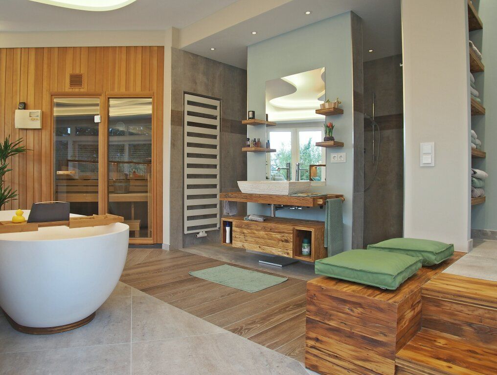 homify Modern Banyo Anlage,Möbel,Eigentum,Tisch,Schränke,Zimmerpflanze,Holz,Arbeitsplatte,Badewanne,Beleuchtung