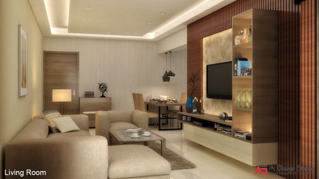 2 BHK AT THANE, A Design Studio A Design Studio Minimalist living room Wood Wood effect LAVISH,BEIGE INTERIOR,DINING,TV UNIT,WOODDEN PANELING,CARPET,COVE CEILING,MIRROR,MDF PANELING,SOFA'S,HOME DECOR,DESIGNS