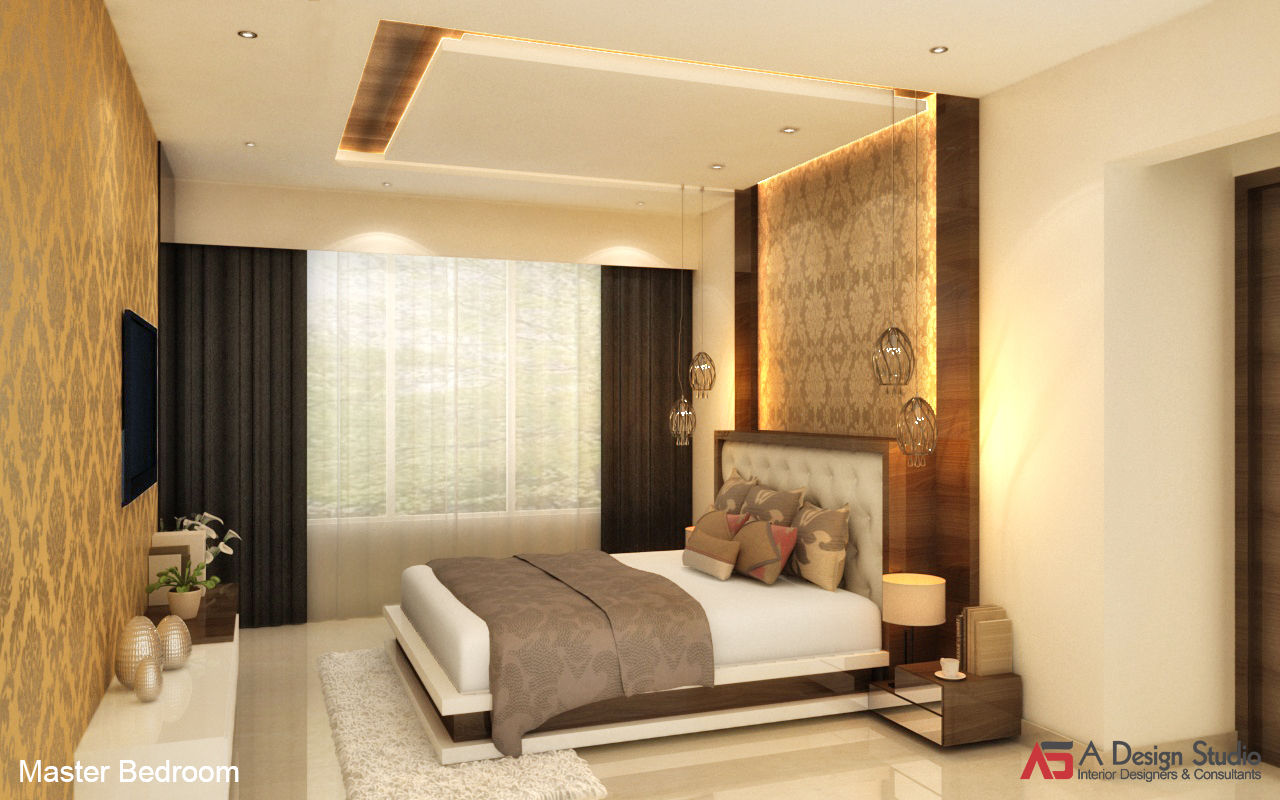 MASTER BEDROOM A Design Studio Minimalist bedroom Wood Wood effect LAVISH,WALLPAPER,WOODEN PANELING,WHITE & WOOD,CARPETS,T.V.UNIT,MIRRORS,BACKPAINTED GLASS,WOODEN CEILING,LEATHER HEADBOARD,LAMPS,HOME DECOR