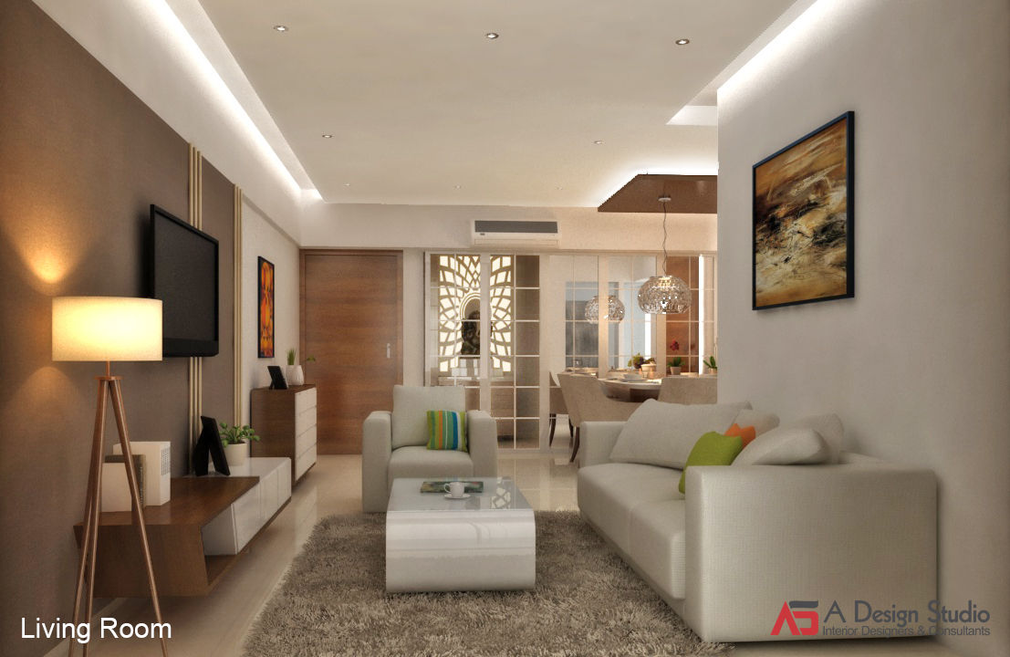 LIVING & DINING A Design Studio Modern living room WOODEN PANELING,WALLPAPER,BROWN,CENTRE TABLE,SOFA,TV UNIT,CARPET,MANDIR,POOJA ROOM,WOODEN CEILING,COVE CEILING,MODERN LOOK