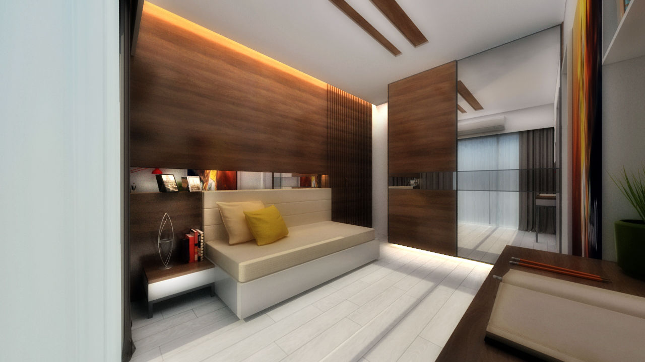 YOUNGSTERS BEDROOM A Design Studio Modern style bedroom Wood Wood effect WOODEN PANELING,WOODEN FLOOORING,MIRROR,SOFA,WOOD,COVE CEILING,KIDS BEDROOM,STUDY AREA,SOFA CUMBED,LAVISH,HOME DECOR,AMBIENCE