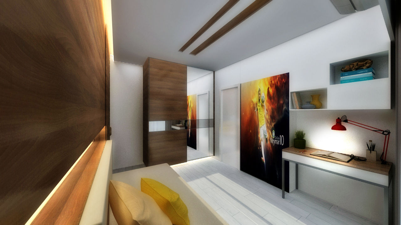 YOUNGSTERS BEDROOM A Design Studio Modern style bedroom Wood Wood effect MIRROR,WARDROBE,WOODEN PANELING,COVE CEILING,WOODEN FLOORING,GRAPHICS,STUDY TABLE,MODERN INTERIOR,LAVISH,LAXURIOUS,BEIGE INTERIOR,wall painting