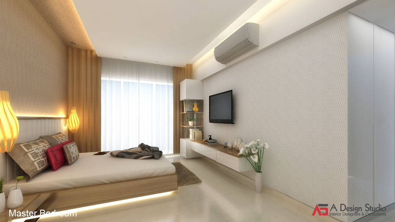 MASTER BEDROOM A Design Studio Modern style bedroom Wood Wood effect WALLPAPER,MARBLE,MIRROR,TV UNIT,UNITS,MDF PANELING,LEATHER HEADBOARD,WOODEN CEILING,WOODEN PANELING,WHITE & BEIGE