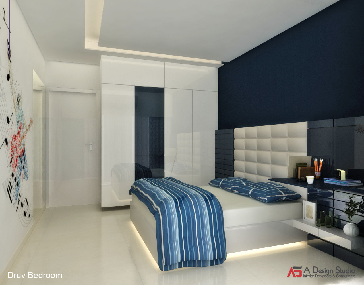 Bungalow at Alibaug, A Design Studio A Design Studio Modern style bedroom Wood Wood effect BLUE THEME,BED DESIGN,GRAPHICS,WARDROBE,CARPET,DARK WALL,WALL PAINTING,WOODEN PANELING,LEATHER HEADBOARD