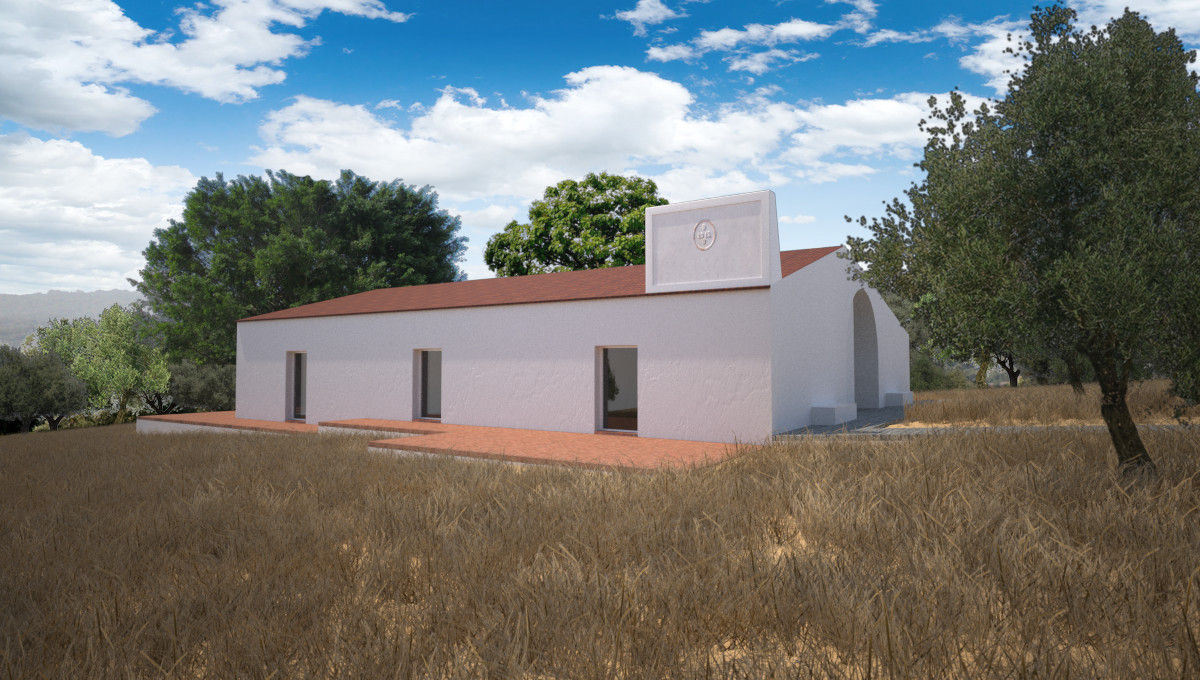 Vista de Nordeste André Pintão Casas de campo alentejo,arco,janela de sacada,chaminé,branco,tijoleira,terraços,telhado,campo,calçada,granito