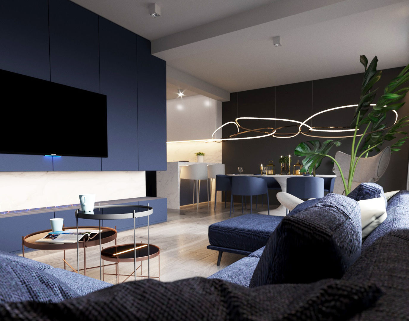 A Navy Situation homify Modern Living Room living room,Living room,open plan,lighting,sofa,coffee table,kitchen,Kitchen