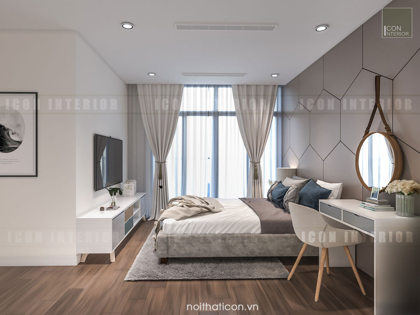 Thiết kế nội thất Vinhomes Centra Park đẹp rạng ngời cùng sắc trắng tinh khôi, ICON INTERIOR ICON INTERIOR ห้องนอน