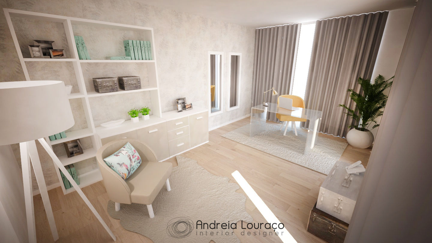 Escritório em Moradia, Andreia Louraço - Designer de Interiores e Exteriores (Email: atelier.andreialouraco@gmail.com) Andreia Louraço - Designer de Interiores e Exteriores (Email: atelier.andreialouraco@gmail.com) モダンデザインの 書斎