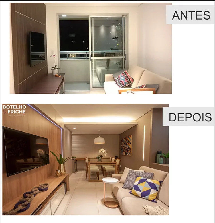 Antes e depois da sala Bárbara Botelho arquitetura Salas de estar modernas MDF integração,sala de estar,painel de madeira,rack