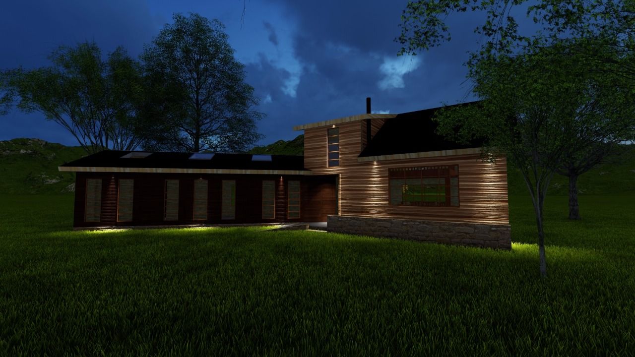 Render fachada nocturna Constructora Rukalihuen Parcelas de agrado Madera Acabado en madera