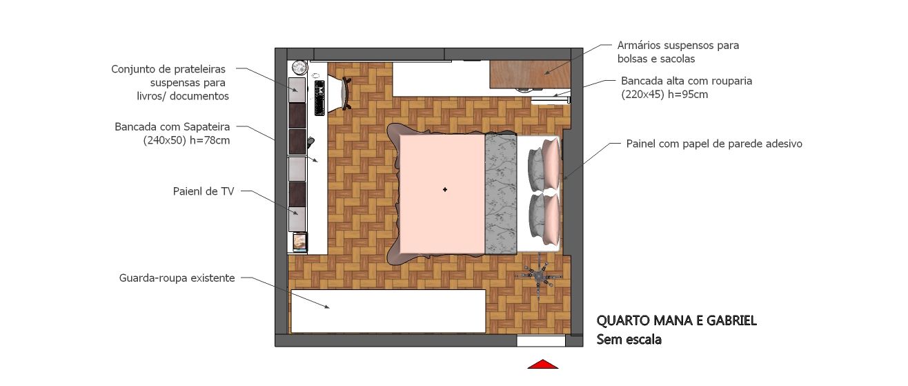 Planta baixa de layout do quarto Joana Rezende Arquitetura e Arte