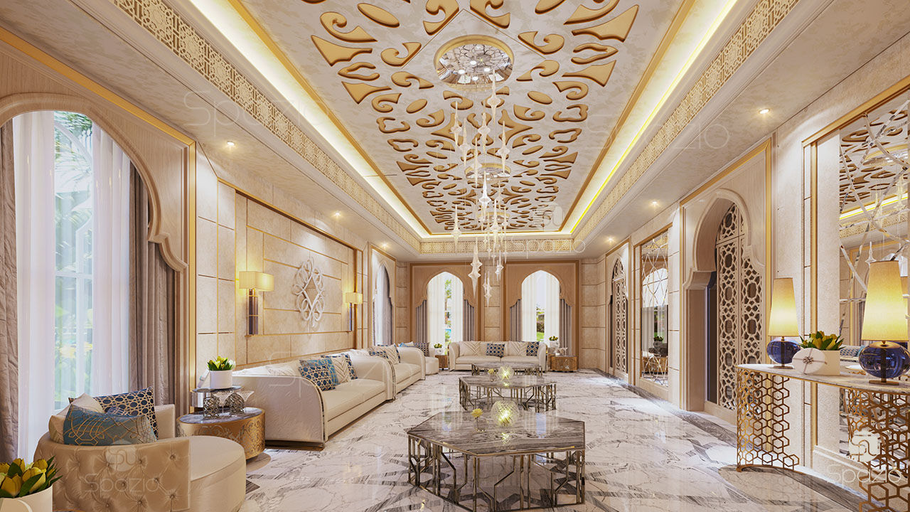 Modern Arabic majlis in Moroccan style of interior design Spazio Interior Decoration LLC غرفة المعيشة رخام moroccan majlis,majlis,living room,sitting,dubai,luxury design,interiro design,dream house,arabic design,تصاميم فلل مغربية,تصميم مجالس مغربيه,مجلس التصميم الداخلي