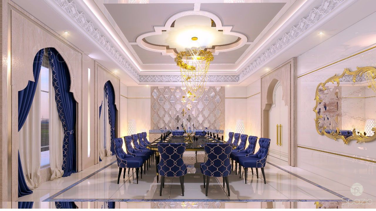Interior desing of a formal dining room in Dubai house Spazio Interior Decoration LLC Phòng ăn phong cách Địa Trung Hải interior desing,dining design,dining room,dining room interior,luxur design,dubai,arabic,moroccan,villa,house,formal dining