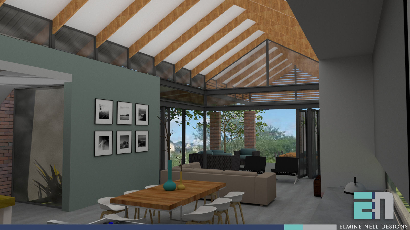 HOUSE 1758, ENDesigns Architectural Studio ENDesigns Architectural Studio Modern living room open space kitchen,living area,open plan,exposed trusses,modern