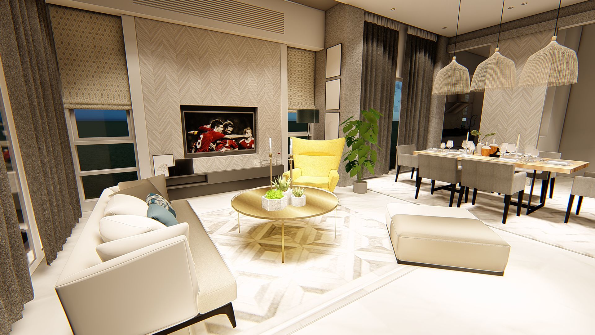 Seamless merging of Living Room and Dining Room LI A'ALAF ARCHITECT 现代客厅設計點子、靈感 & 圖片