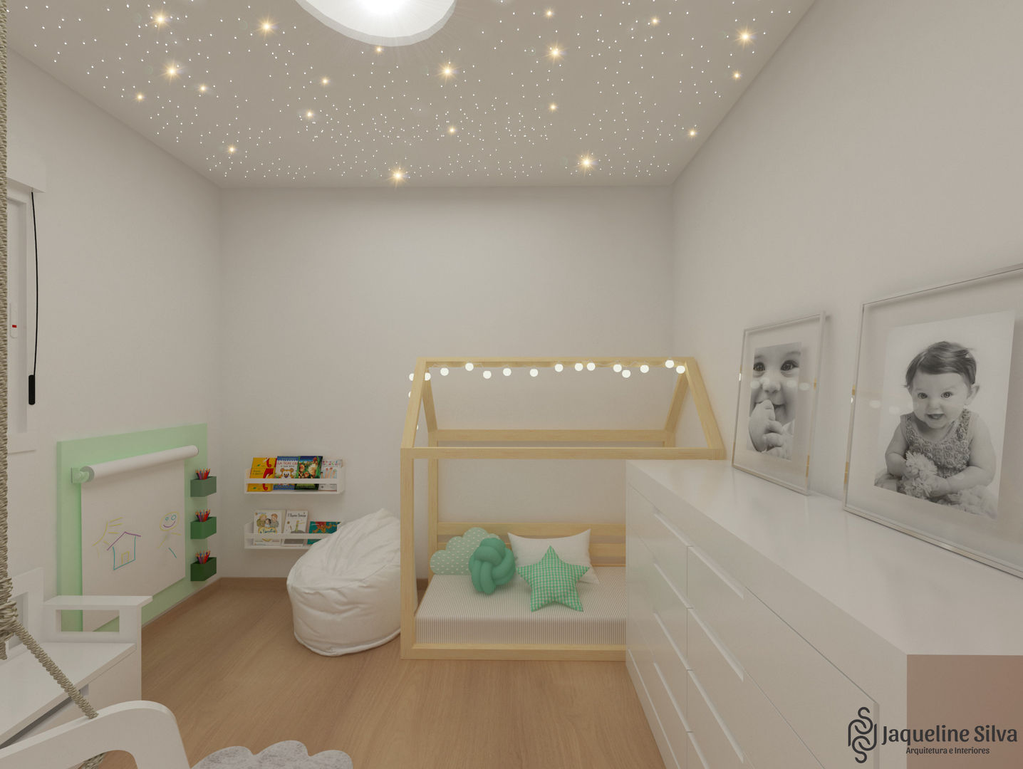 Apartamento FF JAQUELINE SILVA ARQUITETURA E INTERIORES Quarto infantil moderno quarto,quarto de menina,quarto de criança,quarto montessoriano,iluminação,iluminação de quarto,céu estrelado,fibra optica