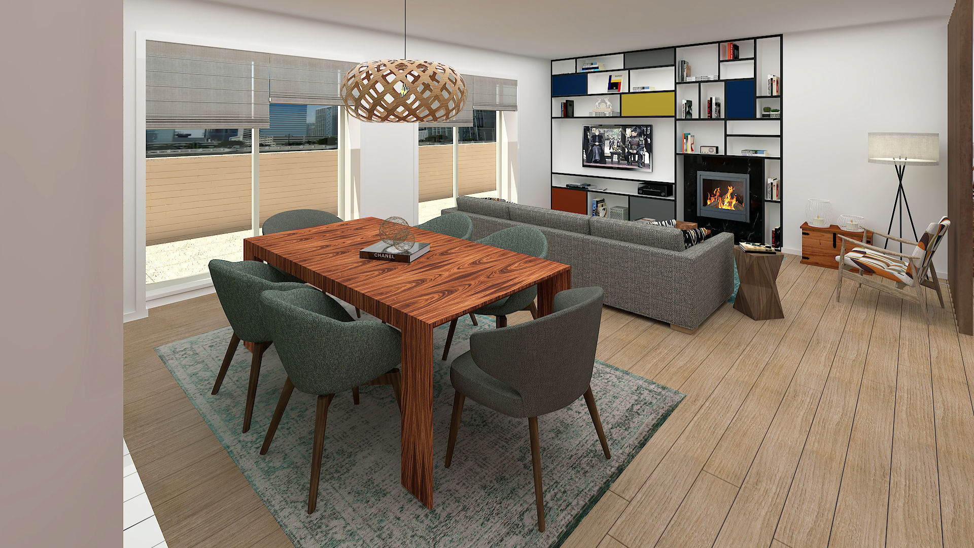 Dining room No Place Like Home ® Modern dining room dining room,living room,fireplace,ironwood,built-in-bookcase