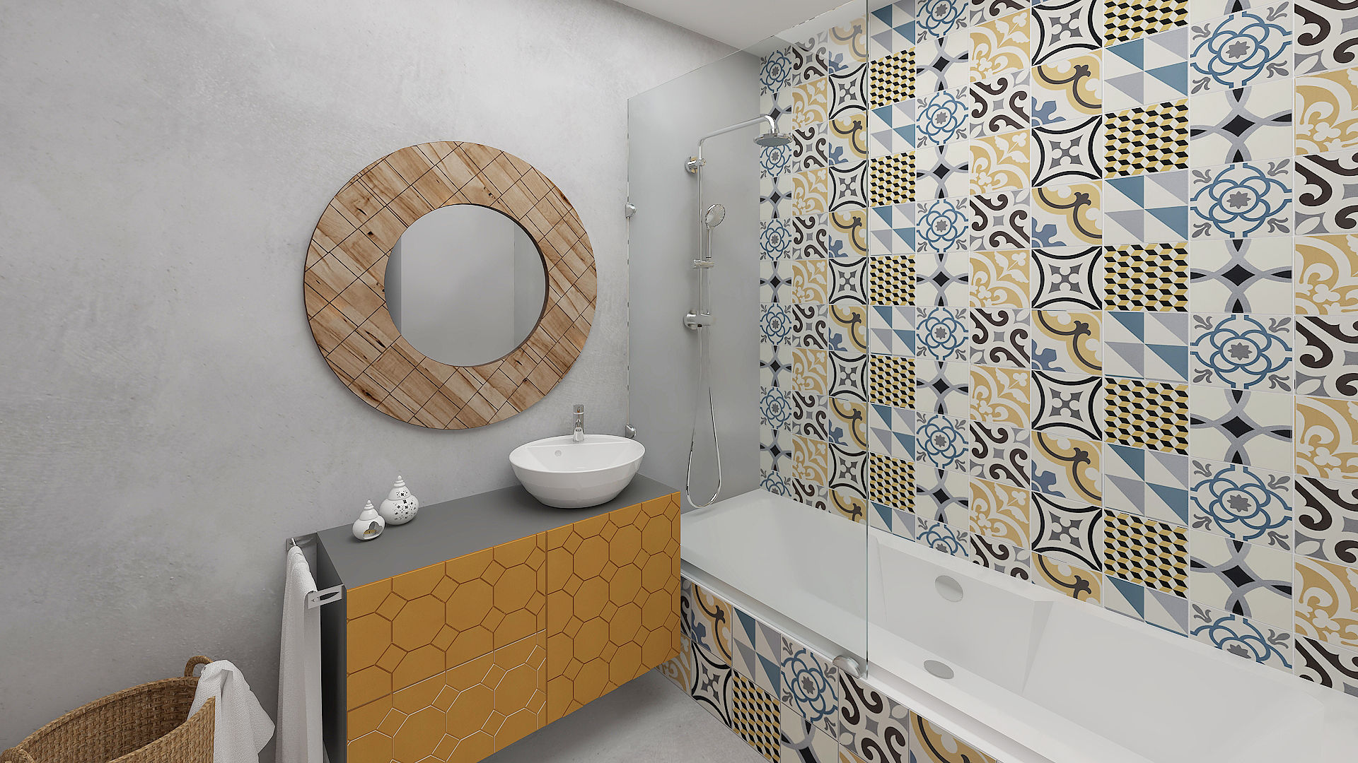 Bathroom No Place Like Home ® Baños modernos service bathroom,bathtub,shower walls,porcelain tiles,bright colors,patterns