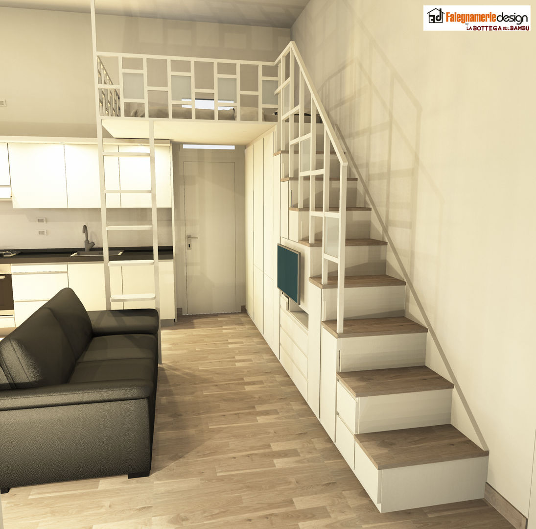Un monolocale completamente arredato su misura, Falegnamerie Design Falegnamerie Design Modern living room