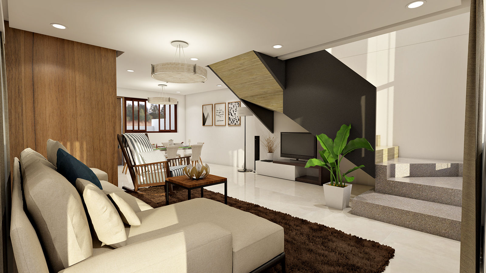 Brand new 2 storey house - Living room and stairs to upper floor homify Modern living room