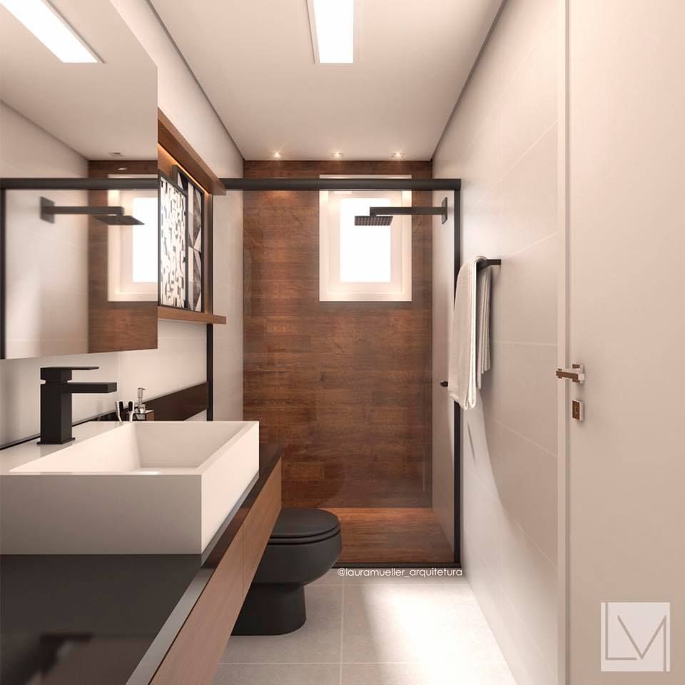 Banheiro moderno Laura Mueller Arquitetura + Interiores Banheiros modernos Madeira Efeito de madeira