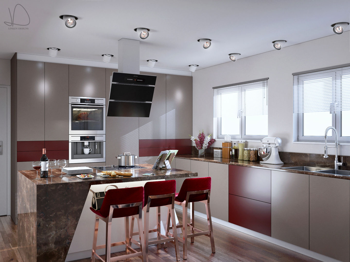 Burgundy Gloss Kitchen Main view Linken Designs Built-in kitchens Wood Wood effect wine,kitchen chairs,kitchen island,kitchen appliances,wood flooring,kitchen lighting,cooking island,extractor hood,blinds