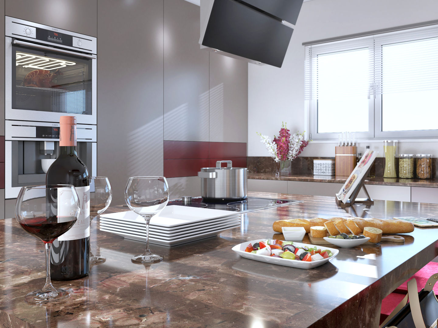 Burgundy Gloss Kitchen, Linken Designs Linken Designs مطبخ ذو قطع مدمجة خشب Wood effect