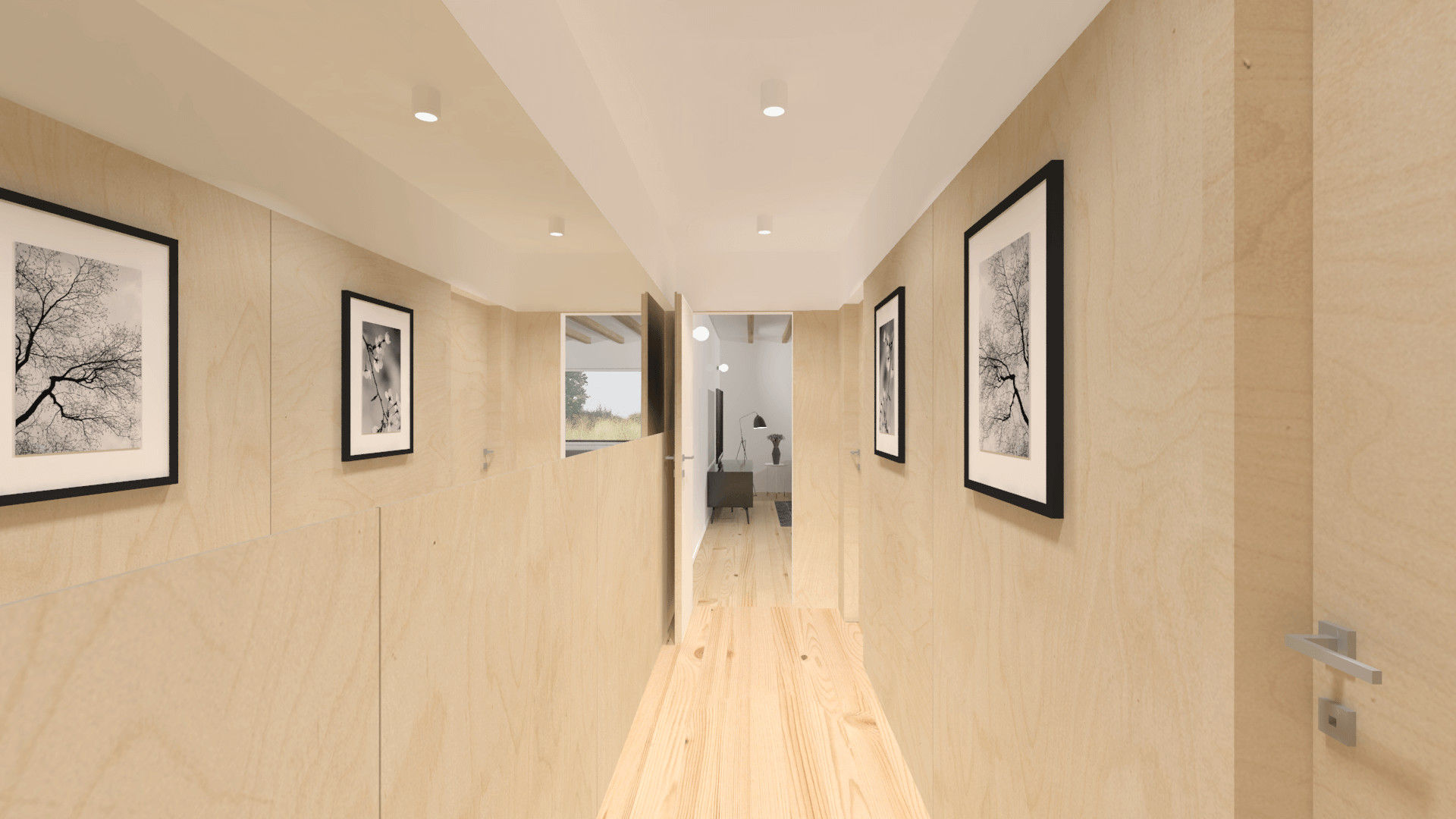 Casa modular, Estúdio AMATAM Estúdio AMATAM Modern corridor, hallway & stairs Wood Wood effect