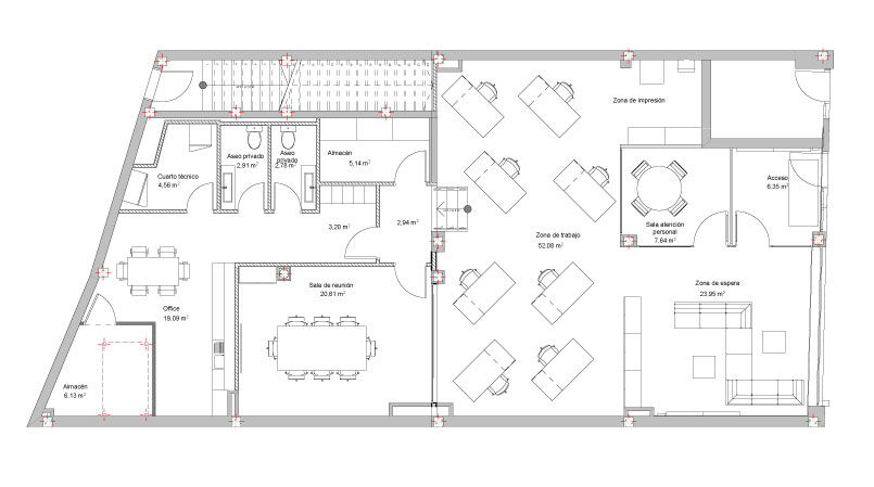 Plano de planta redistribución de oficinas Moneycorp Pacheco & Asociados Estudios y oficinas minimalistas moneycorp,office design,plan,architectural plan