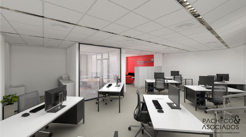 Work room with 8 seats Pacheco & Asociados Minimalist study/office office design,moneycorp,office desks,office chairs,office construction,space saving furniture,white