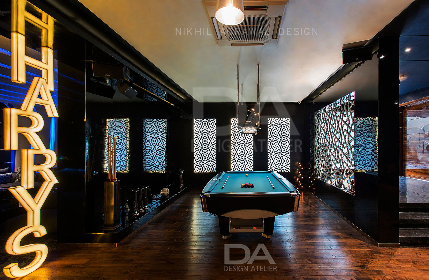 Pool Table Area with client's name cutout in back lit MDF Design Atelier Modern pool