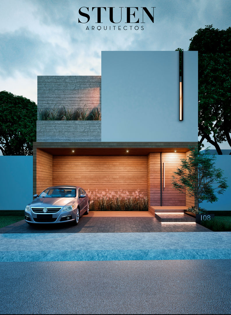 Fachada Frontal Stuen Arquitectos Casas unifamiliares Madera Acabado en madera fachada,casa