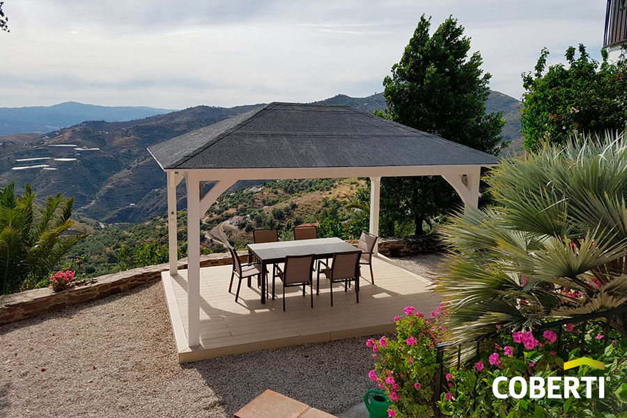 Despampanánte Pérgola Blanca de Madera con Techo de 4 aguas, COBERTI COBERTI Schuin dak Hout Hout