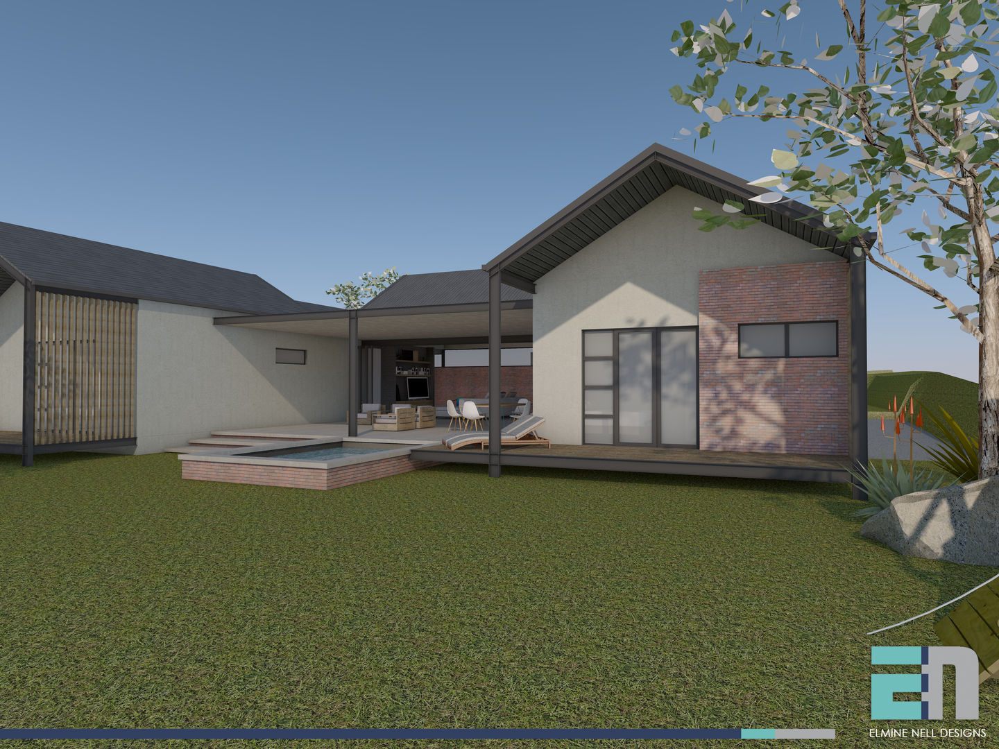 View towards Guest Room ENDesigns Architectural Studio timber lattice,barn style,verandah,concrete