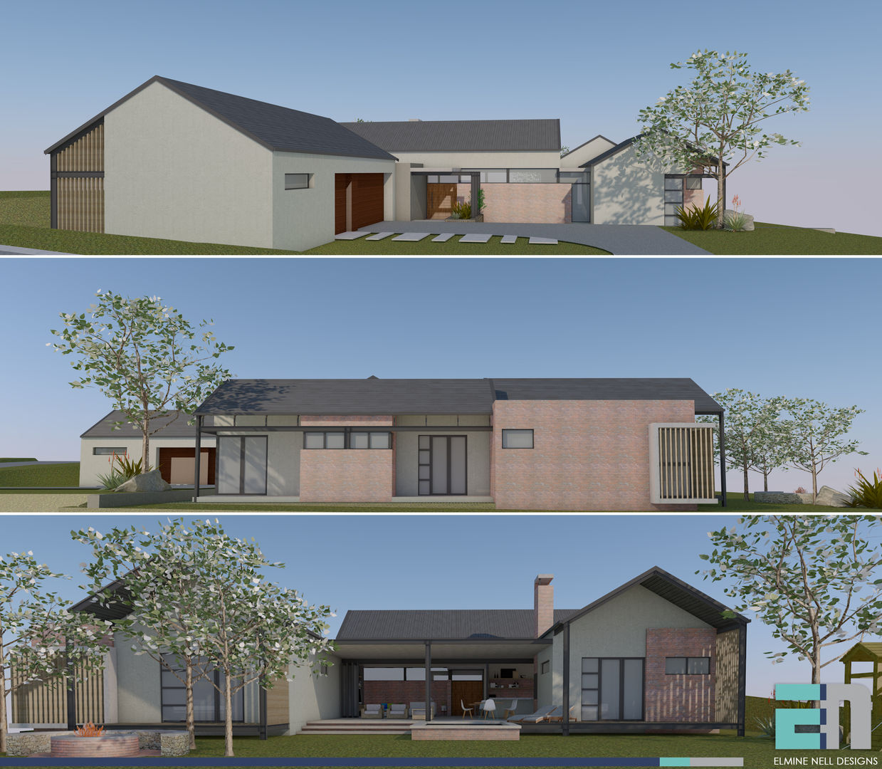 Elevations ENDesigns Architectural Studio Single family home timber lattice,concrete,steel,barn style,pitched roof,face brick,verandah