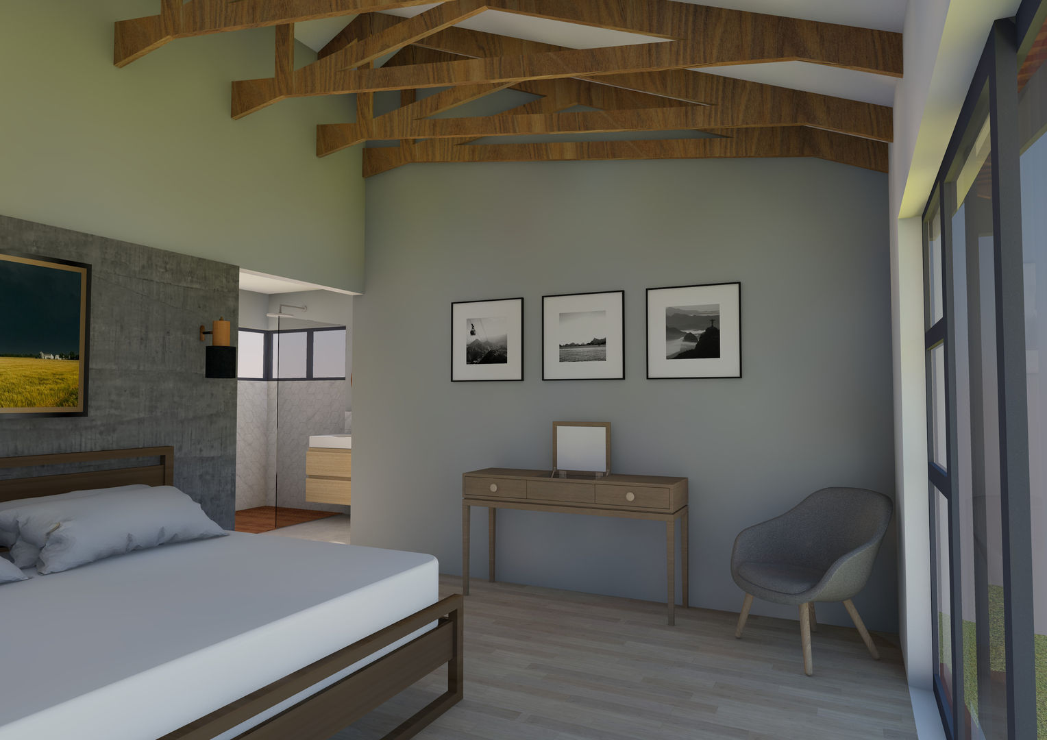 View of Bedroom ENDesigns Architectural Studio Modern style bedroom bedroom,open trusses,on-suite bathroom,shower
