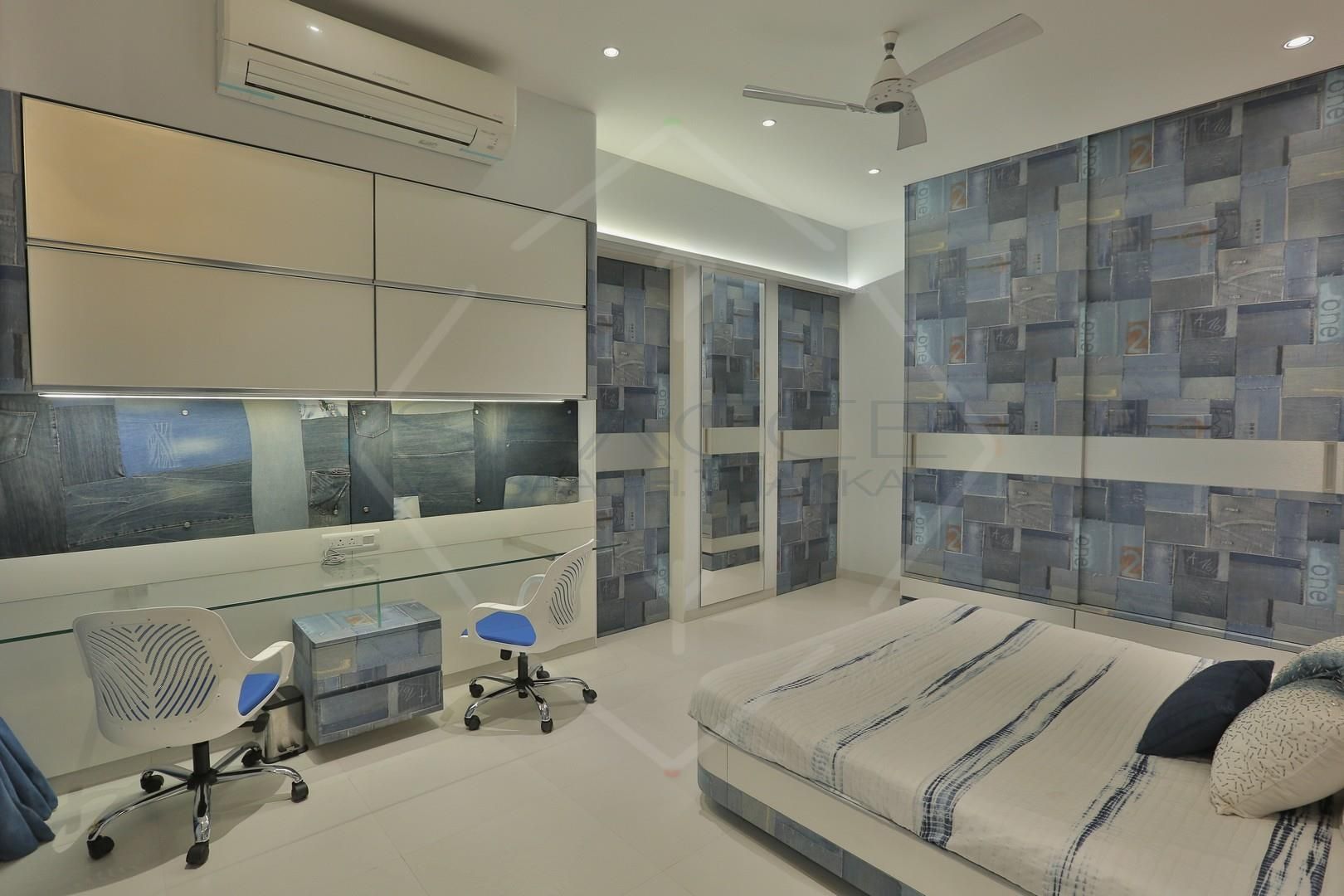 'out of the 'blue' '...an expression in modern interiors, SPACCE INTERIORS SPACCE INTERIORS Modern style bedroom Property,Cabinetry,Interior design,Lighting,Building,Floor,Architecture,Flooring,Chair,House