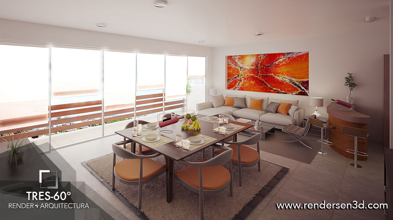 Diseño de Interiores para un conjunto habiatacional ubicado en la Ciudad de México. , Tres-60 grados Tres-60 grados Modern living room