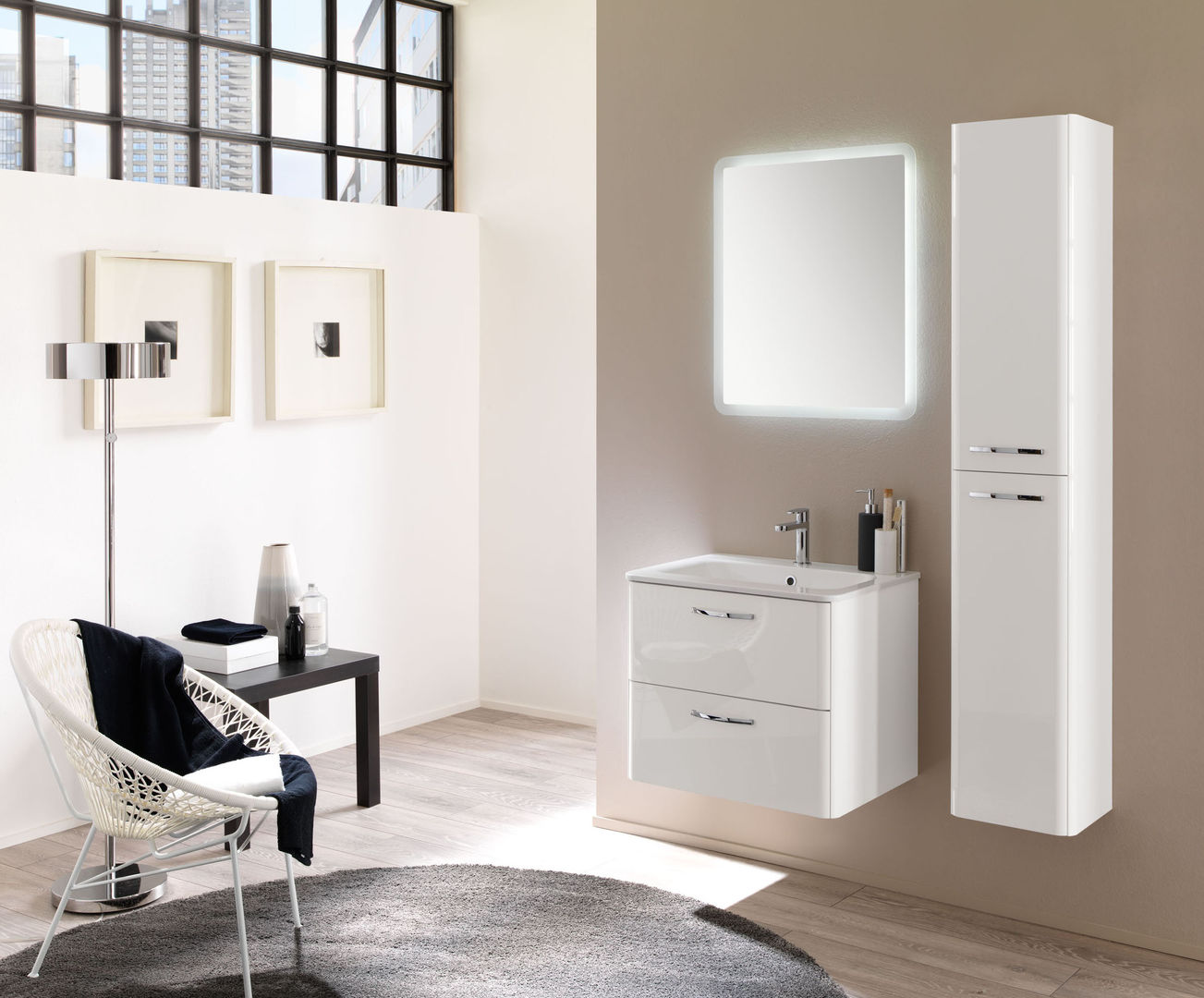 Best 06 FALEGNAMERIA ADRIATICA S.r.l. Bagno moderno laccato bianco,specchio a LED,colonna,lavabo marmo resina