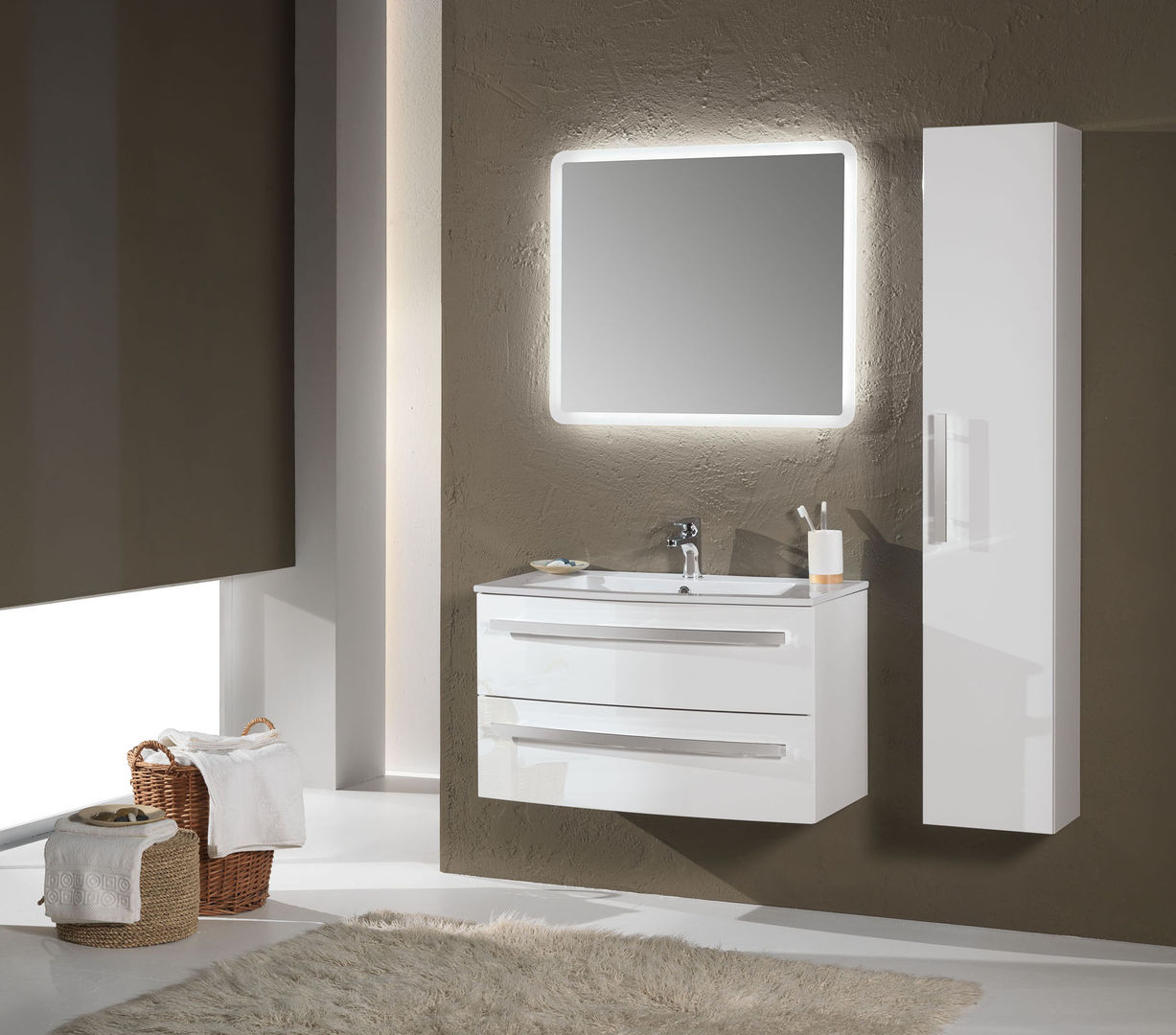 Oscar 06 FALEGNAMERIA ADRIATICA S.r.l. Bagno moderno lavabo ceramica,specchio a LED,colonna,laccato bianco