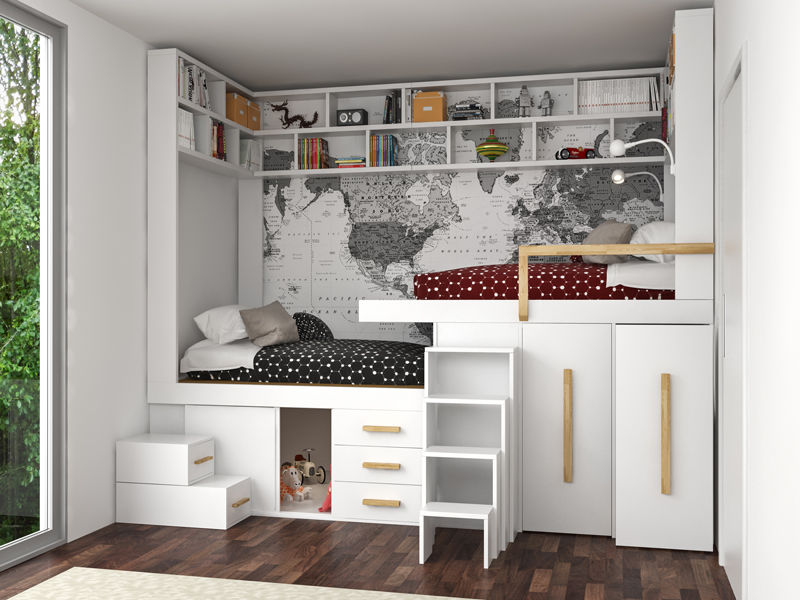 SpazioBed Young: I letti salvaspazio, cinius s.r.l. cinius s.r.l. Kamar tidur: Ide desain interior, inspirasi & gambar Parket Multicolored Beds & headboards