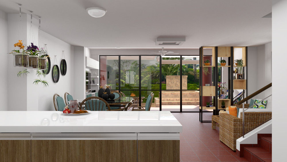 Vista desde la cocina hacia la sala Qbico Design Cocinas a medida Compuestos de madera y plástico