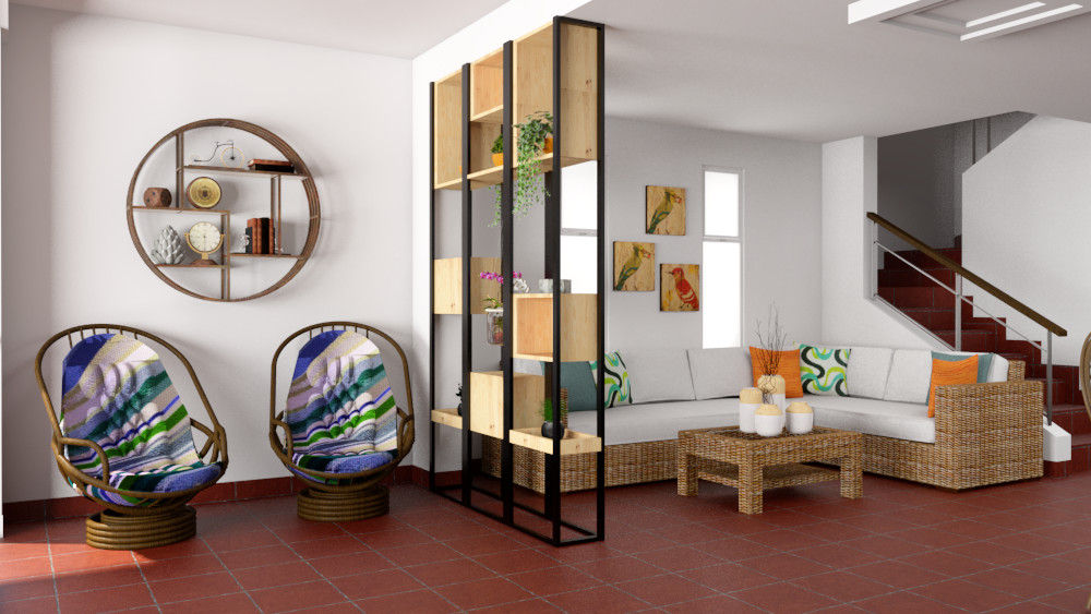 Vista del centro de entretenimiento hacia el estar Qbico Design Paredes y pisos de estilo minimalista Madera maciza Multicolor bambu,muebles,escalera,terracota,cojines,blanco,madera,adornos,cuadros,Decoración de paredes