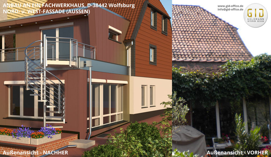 Denkmalgeschütztes Fachwerkhaus Wolfsburg, Architektur - Nord- u. Westfassade GID / GOLDMANN-INTERIOR-DESIGN Fassaden-Elemente,Rockpanel,Chameleon,Vorbau-Rollläden,Attikaverkleidung,Edelstahlgeländer,Ganzglas-Geländer