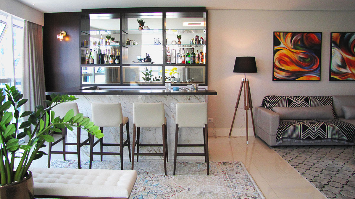 Living integrado - sala de estar e lounge bar Panorama Arquitetura & Interiores Salas de estar ecléticas lounge,lounge bar,bar,decoração,interiores,banqueta,mármore,calacata