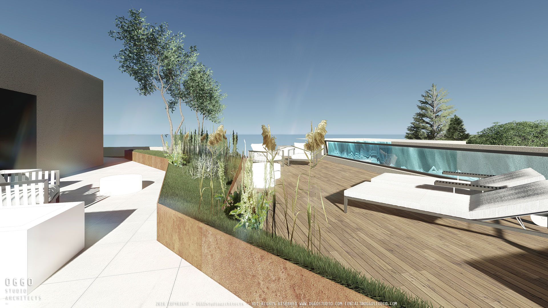 Roof top of residential project OGGOstudioarchitects, unipessoal lda Modern balcony, veranda & terrace roof,swimming pool,collective housing,project